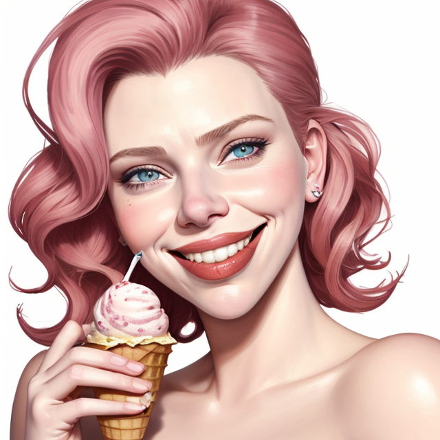 scarlett johanson whit an ice cream in an hand in a WOW face, smiling, white background, sharp focus, (caricature:1.4), drawing