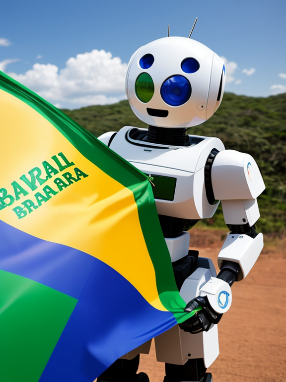 Create a robot carrying a Brazilian flag 