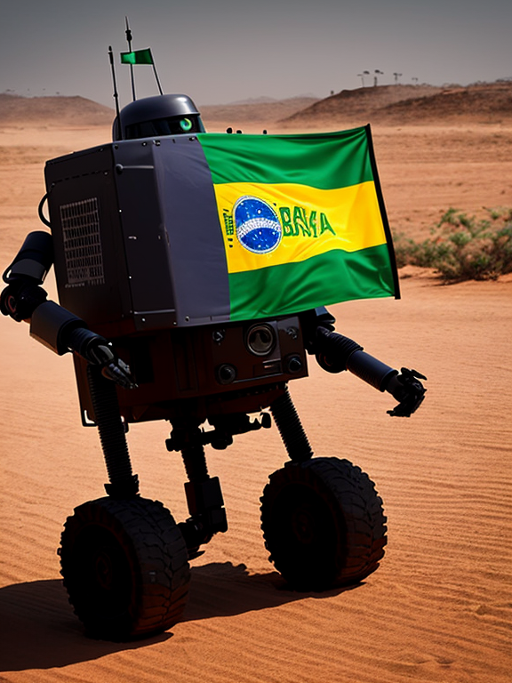 Create a dark image of robot carrying a Brazilian flag