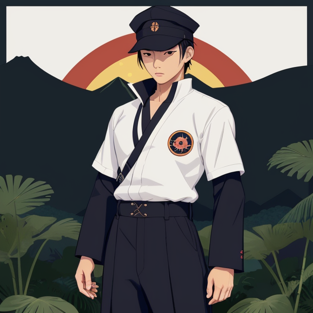 Japanese male student wearing basic black navy Gakuran uniform cap, showing full body length, planar vector, character design, japan style artwork, on a shamanic vision quest, with beautiful nocturnal sun and lush Amazon jungle in the background, subtle geometric patterns, clean white background, professional vector, full shot, 8K resolution, deep impression illustration, sticker type, vibrant color, colorful background, a painting illustration , 2D