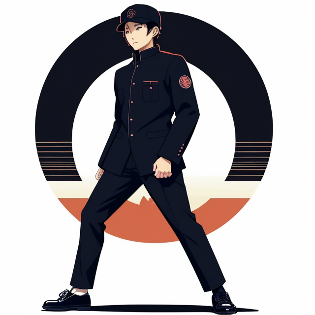 Japanese male student wearing basic full black navy Gakuran uniform cap and black shoes, showing full body length, planar vector, character design, japan style artwork, on a shamanic vision quest, with beautiful nocturnal sun and lush Amazon jungle in the background, subtle geometric patterns, clean white background, professional vector, full shot, 8K resolution, deep impression illustration, sticker type, vibrant color, colorful background, a painting illustration , 2D
