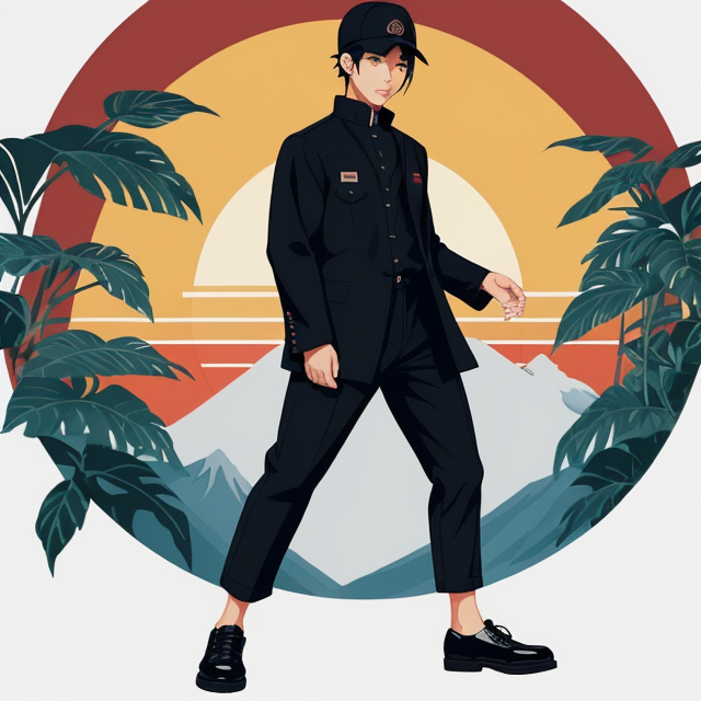Japanese male student wearing basic full black navy Gakuran uniform cap and black shoes, showing full body length, with white background, planar vector, character design, japan style artwork, on a shamanic vision quest, with beautiful nocturnal sun and lush Amazon jungle in the background, subtle geometric patterns, clean white background, professional vector, full shot, 8K resolution, deep impression illustration, sticker type, vibrant color, colorful background, a painting illustration , 2D