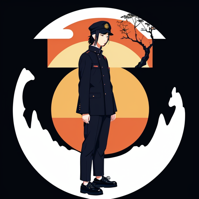 Japanese male student wearing basic full black school navy Gakuran uniform cap and black shoes, showing full body length, with plan white background, planar vector, character design, japan style artwork, on a shamanic vision quest, with beautiful nocturnal sun and lush Amazon jungle in the background, subtle geometric patterns, clean white background, professional vector, full shot, 8K resolution, deep impression illustration, sticker type, vibrant color, colorful background, a painting illustration , 2D