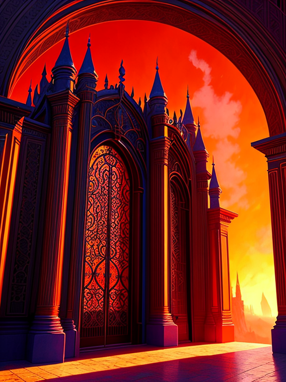 a hyperrealism shot of the gates of hell, vibrant color scheme, highly detailed, in the style of romanticism, cinematic, artstation, moebius, greg rutkowski