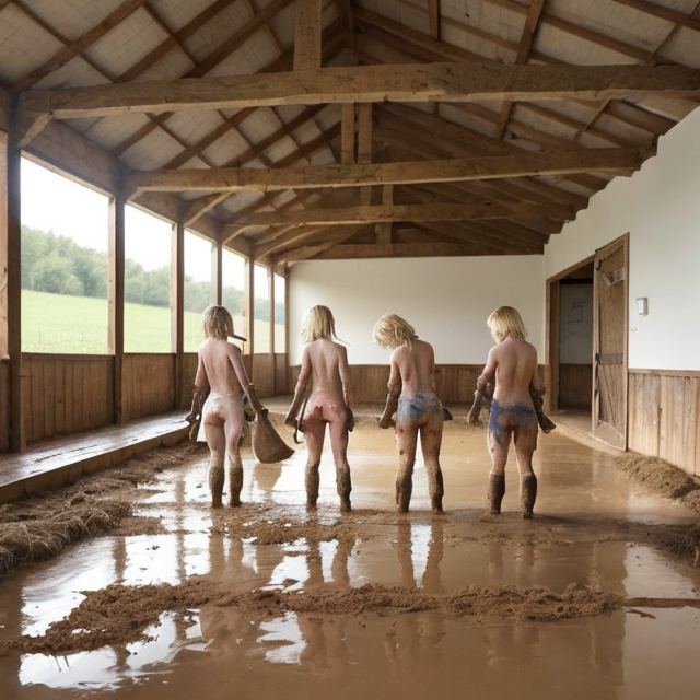 group slim, blonde 12yo dirty boys in loincloths wash the pigsty barn in cows farm, muddy floor, A simple, minimalistic art with mild colors, using Boho style, aesthetic, watercolor