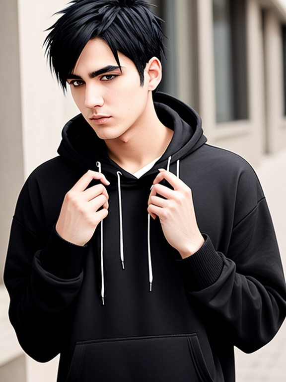 Emo guy with black hair and chin-hair wearing a black hoodie, smoking a cigarette