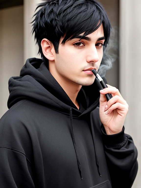 Emo guy with black hair and chin-hair wearing a black hoodie, smoking a cigarette