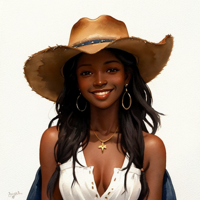 a beautiful portrait oil painting of a dark ebony woman, smiling in a cowboy hat., A simple, minimalistic art with mild colors, using Boho style, aesthetic, watercolor