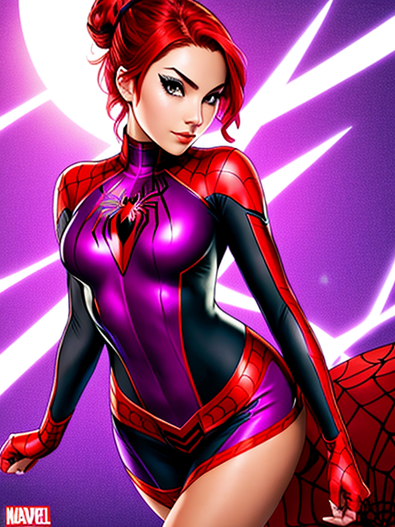 Spidersona, a girl with red hair and purple eyes, purple suit with red spider on thorax. Hair in bun. Tan skin. marvel comic