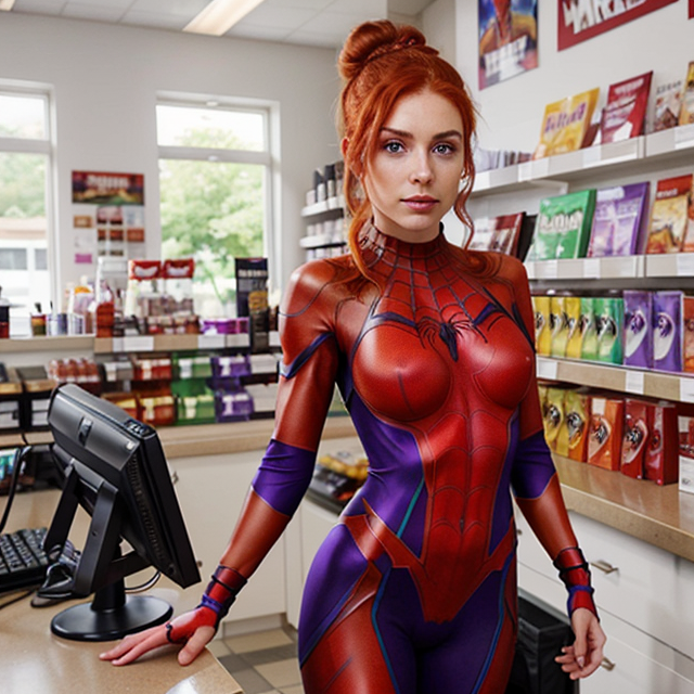 a photo of a beautiful, cute, Spidersona, a girl with red hair and purple eyes, purple suit with red spider on thorax. Hair in bun. Tan skin. marvel comic, standing behind the counter, blue eyes, shiny skin, freckles, detailed skin, price labels, a masterpiece