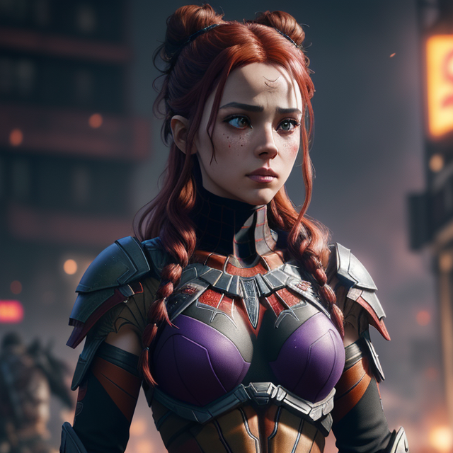 detailed symmetric beautiful hazel eyes, Spidersona, a girl with red hair and purple eyes, purple suit with red spider on thorax. Hair in bun. Tan skin. marvel comic, apocalyptic environment, splatter drippings, style of Horizon Zero Dawn, style of Brian Froud, Carne Griffiths, Wadim Kashin, John William Waterhouse, centre image, golden hour, 8k, soft lighting aesthetic, edge-to-edge print, volumetric lighting, TanvirTamim, cinematic, colorful background, concept art, dramatic lighting, high detail, highly detailed, hyper realistic, intricate, intricate sharp details, octane render, smooth, studio lighting, trending on artstation