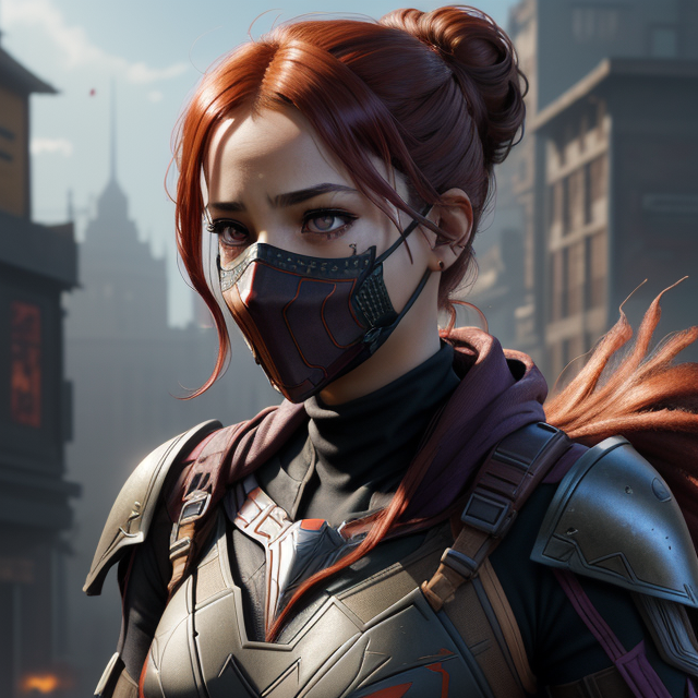 detailed symmetric beautiful hazel eyes, Spidersona, a girl with red hair and purple eyes, purple suit with red spider on thorax. Hair in bun. Tan skin. marvel comic. mask over mouth. mask over mouth, apocalyptic environment, splatter drippings, style of Horizon Zero Dawn, style of Brian Froud, Carne Griffiths, Wadim Kashin, John William Waterhouse, centre image, golden hour, 8k, soft lighting aesthetic, edge-to-edge print, volumetric lighting, TanvirTamim, cinematic, colorful background, concept art, dramatic lighting, high detail, highly detailed, hyper realistic, intricate, intricate sharp details, octane render, smooth, studio lighting, trending on artstation