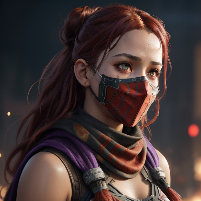 detailed symmetric beautiful hazel eyes, Spidersona, a girl with red hair and purple eyes, purple suit with red spider on thorax. Hair in bun. Tan skin. marvel comic. mask over mouth. scarf over mouth, apocalyptic environment, splatter drippings, style of Horizon Zero Dawn, style of Brian Froud, Carne Griffiths, Wadim Kashin, John William Waterhouse, centre image, golden hour, 8k, soft lighting aesthetic, edge-to-edge print, volumetric lighting, TanvirTamim, cinematic, colorful background, concept art, dramatic lighting, high detail, highly detailed, hyper realistic, intricate, intricate sharp details, octane render, smooth, studio lighting, trending on artstation