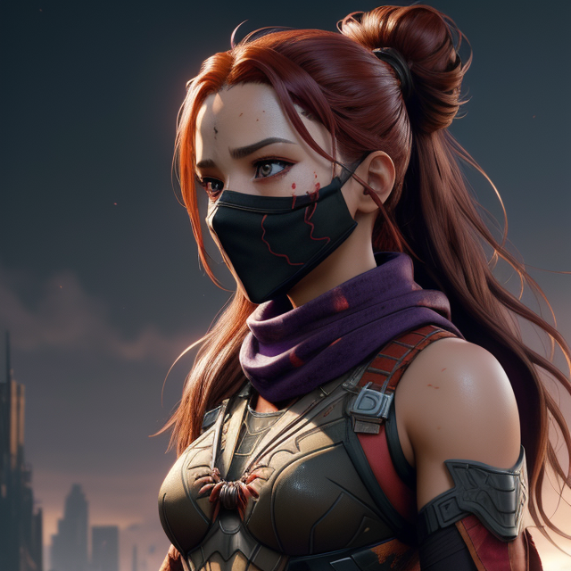 detailed symmetric beautiful hazel eyes, Spidersona, a girl with red hair and purple eyes, purple suit with red spider on thorax. Hair in bun. Tan skin. marvel comic. balaclava over mouth. scarf over mouth, apocalyptic environment, splatter drippings, style of Horizon Zero Dawn, style of Brian Froud, Carne Griffiths, Wadim Kashin, John William Waterhouse, centre image, golden hour, 8k, soft lighting aesthetic, edge-to-edge print, volumetric lighting, TanvirTamim, cinematic, colorful background, concept art, dramatic lighting, high detail, highly detailed, hyper realistic, intricate, intricate sharp details, octane render, smooth, studio lighting, trending on artstation
