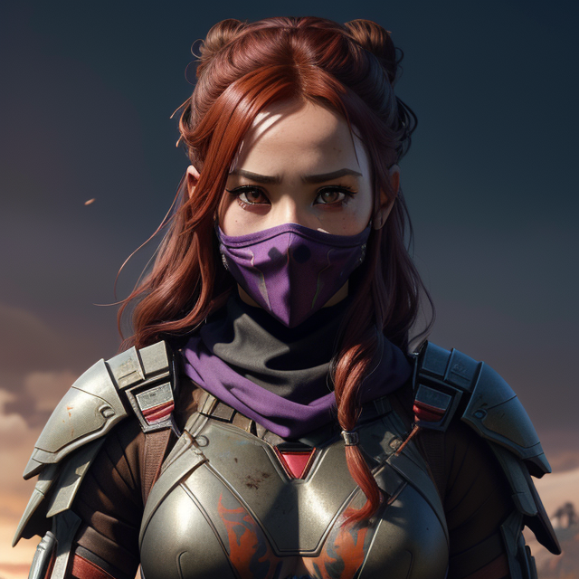 detailed symmetric beautiful hazel eyes, Spidersona, a girl with red hair and purple eyes, purple suit with red spider on thorax. Hair in bun. Tan skin. marvel comic. neck gaiter over mouth. mask over mouth, apocalyptic environment, splatter drippings, style of Horizon Zero Dawn, style of Brian Froud, Carne Griffiths, Wadim Kashin, John William Waterhouse, centre image, golden hour, 8k, soft lighting aesthetic, edge-to-edge print, volumetric lighting, TanvirTamim, cinematic, colorful background, concept art, dramatic lighting, high detail, highly detailed, hyper realistic, intricate, intricate sharp details, octane render, smooth, studio lighting, trending on artstation