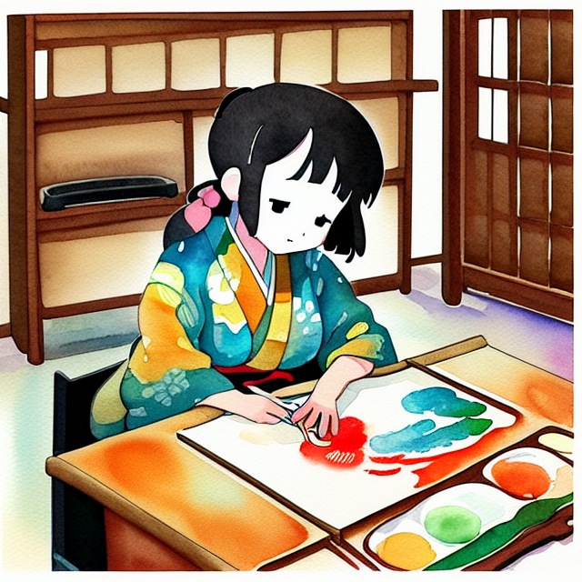 girl sitting at a computer desk holding a game controller, wearing traditional kimono, cooking ramen, art detailed cartoon clip art, illustration, Cartoon, watercolor, ink illustration, in the style of Studio Ghibli Beige, traditional japanese Folding screens, cute + Abstract --v 4, painting art