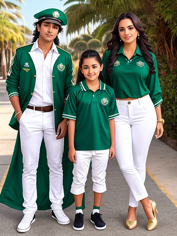 Crea una promo de colegio donde el uniforme sea verde esmeralda con dorado y blanco una suera verde esmeralda con dorado también una falda blanca y pantalón blanco 