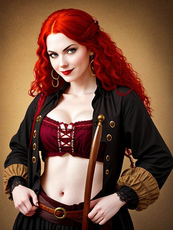 redheaded pirate woman with lute and mischievous smile and angry brows