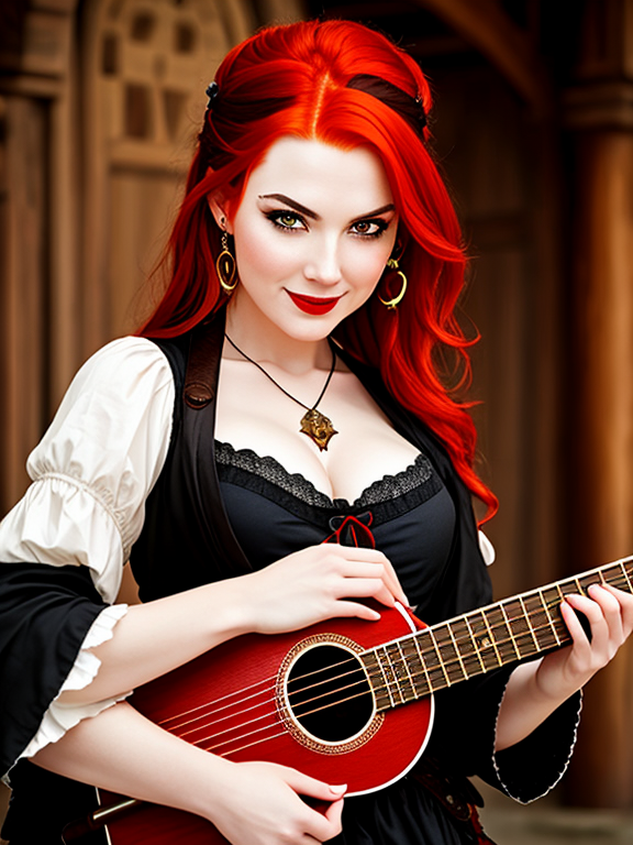 redheaded pirate woman with lute and mischievous smile and angry brows