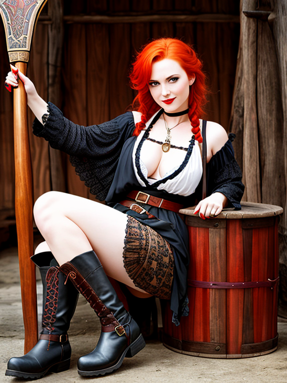 redheaded pirate woman with lute and mischievous smile and angry brows and heavy boots