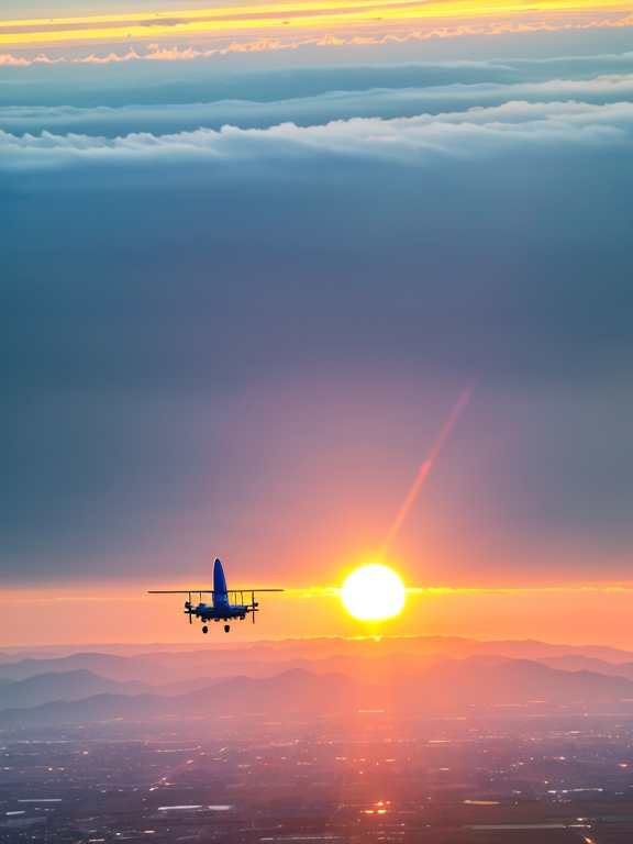 show a tandem flight. into the setting sun. a consultant is the pilot and takes the client for a flight