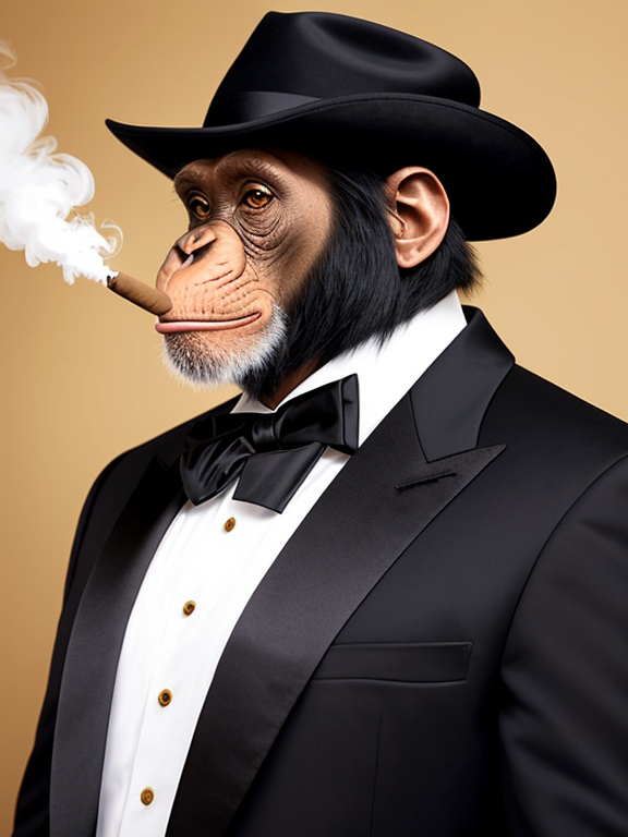 Create a detailed profile photo of a chimpanzee dressed in an elegant tuxedo, including a matching hat. The chimpanzee must smoke a cigar and look to the left in the image. Provide a rich, golden background that adds a touch of luxury and sophistication to the composition.