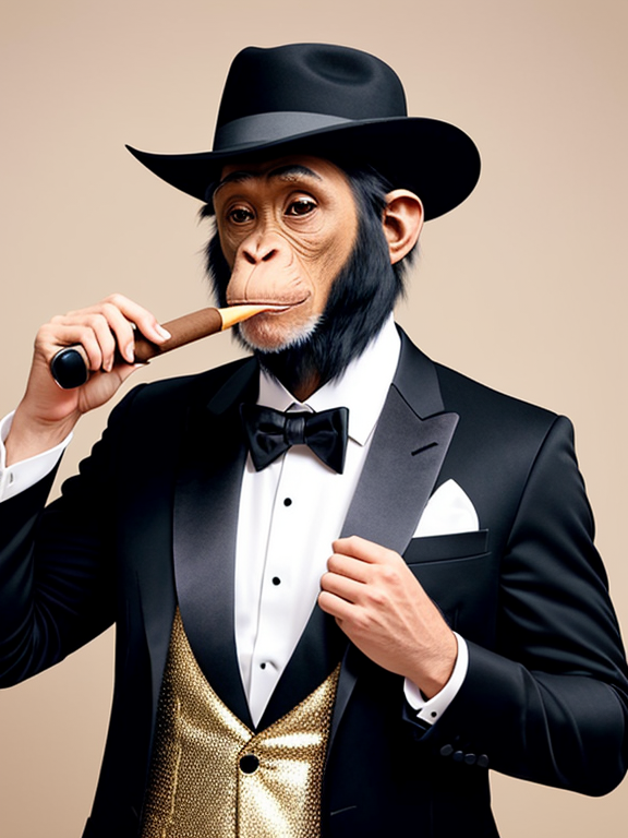 Create a detailed profile photo of a chimpanzee dressed in an elegant tuxedo, including a matching hat. The chimpanzee must smoke a cigar and look to the left in the image. Provide a rich, golden background that adds a touch of luxury and sophistication to the composition.