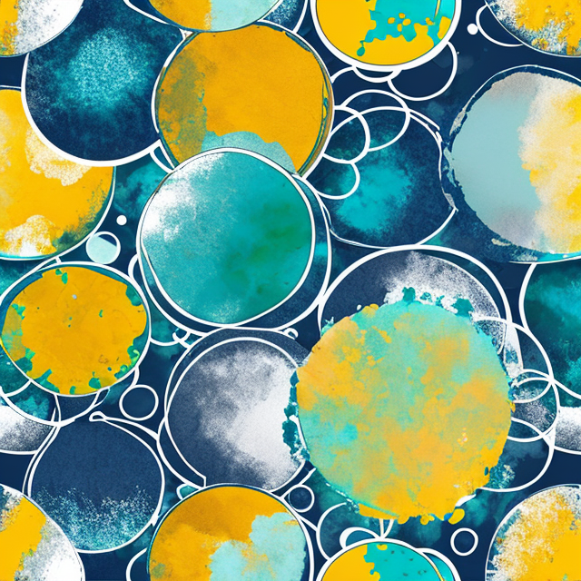 seamless pattern of abstract objects, teal, silver and yellow colors, alcohol inks