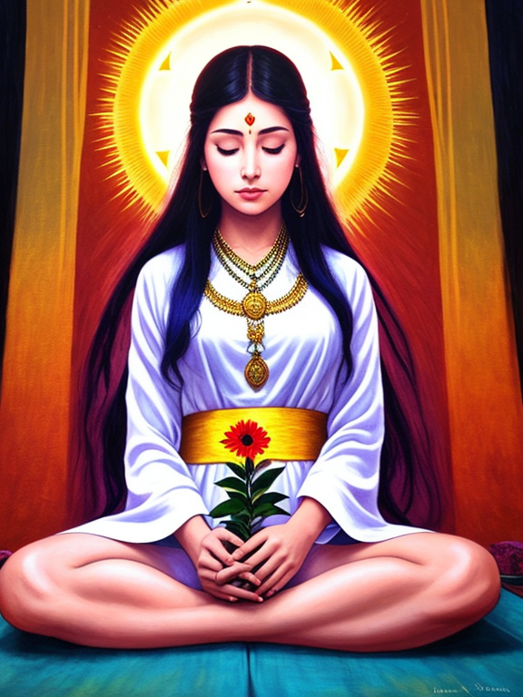 and her connection with the divine. The overall image should convey themes of self-empowerment, spirituality, and the restorative effects of sunlight on mental health, while respecting and celebrating the woman's cultural roots and traditions.