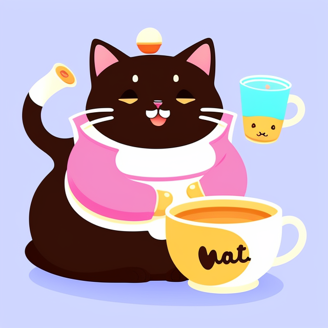 Create for me a cute, fat cat drinking a cup of milk tea with a smile , Badge, Badge logo, Centered, Digital illustration, Soft color palette, Simple, Vector illustration, Flat illustration, Illustration, Trending on Artstation, Popular on Dribbble, Pastel colors, On a white background