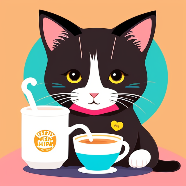Create for me a cute cat drinking a cup of milk tea with a smile. Bright colors , ((Subject)), Badge, Badge logo, Centered, digital inllustration, Soft color palette, simple, Vector illustration, Flat illustration, illustration, Trending on Artstation, Popular on Dribbble