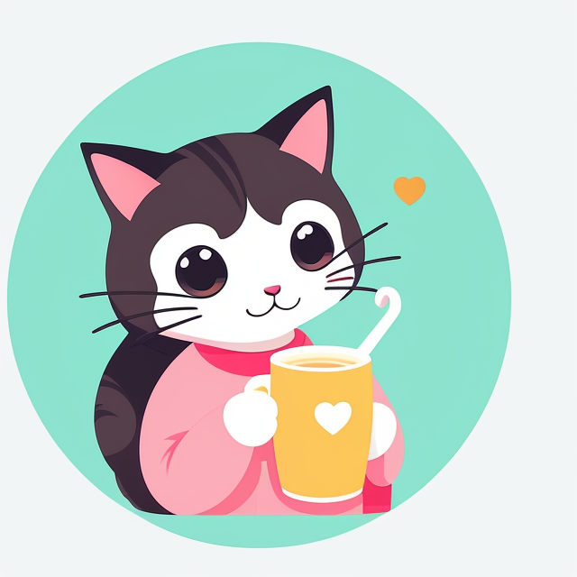 Create for me a cute cat drinking a cup of milk tea with a smile. Bright colors , Badge, Badge logo, Centered, Digital illustration, Soft color palette, Simple, Vector illustration, Flat illustration, Illustration, Trending on Artstation, Popular on Dribbble, Pastel colors, On a white background