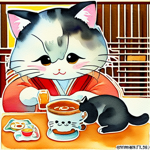 Create for me a cute cat drinking a cup of milk tea with a smile. Bright colors , wearing traditional kimono, cooking ramen, art detailed cartoon clip art, illustration, Cartoon, watercolor, ink illustration, in the style of Studio Ghibli Beige, traditional japanese Folding screens, cute + Abstract --v 4, painting art