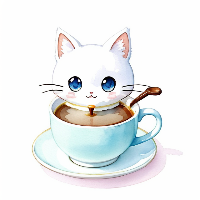 Create me a cute cat drinking a cup of milk tea. , nice art, well hand-drawn art, colorful, Small body, Cute animal, Cute clothing, Full body, Cute Eyes, Cute expressions, Watercolor style, Storybook style, Character Design, Illustrator, Digital watercolor, White background, Cartoon style, Kawaii, white background, one single character, pokemon style