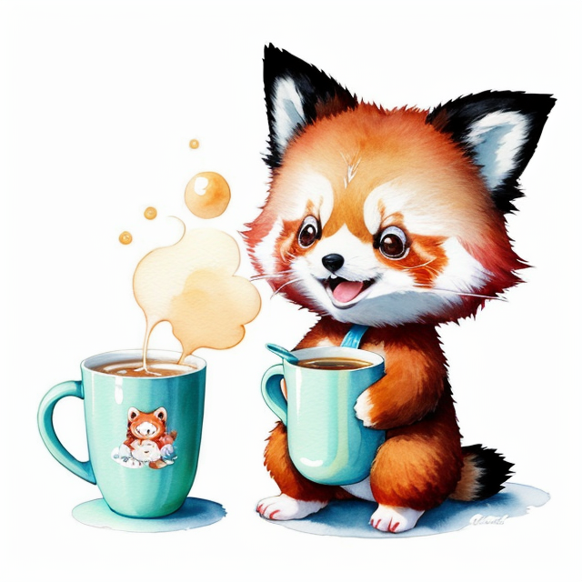 Create for me a cute red panda holding a cup of milk tea. , nice art, well hand-drawn art, colorful, Small body, Cute animal, Cute clothing, Full body, Cute Eyes, Cute expressions, Watercolor style, Storybook style, Character Design, Illustrator, Digital watercolor, White background, Cartoon style, Kawaii, white background, one single character, pokemon style