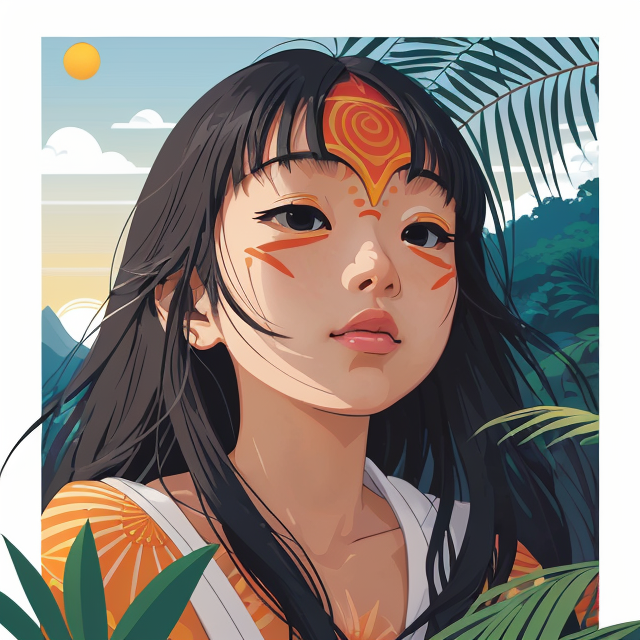 up close innocent laying down beach, planar vector, character design, japan style artwork, on a shamanic vision quest, with beautiful nocturnal sun and lush Amazon jungle in the background, subtle geometric patterns, clean white background, professional vector, full shot, 8K resolution, deep impression illustration, sticker type, vibrant color, colorful background, a painting illustration , 2D