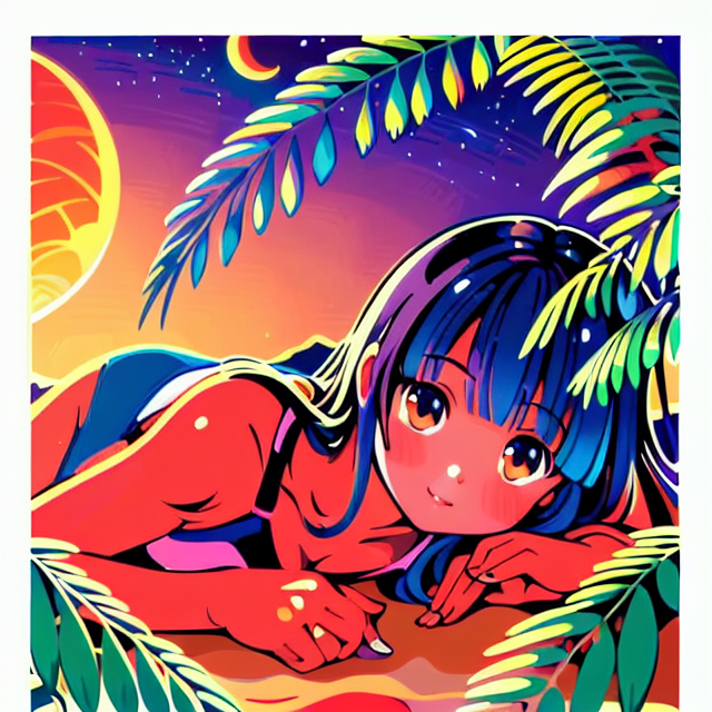 up close innocent laying down beach girl , planar vector, character design, japan style artwork, on a shamanic vision quest, with beautiful nocturnal sun and lush Amazon jungle in the background, subtle geometric patterns, clean white background, professional vector, full shot, 8K resolution, deep impression illustration, sticker type, vibrant color, colorful background, a painting illustration , 2D