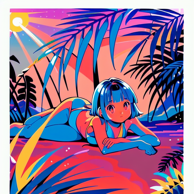 up close innocent laying down beach girl , planar vector, character design, japan style artwork, on a shamanic vision quest, with beautiful nocturnal sun and lush Amazon jungle in the background, subtle geometric patterns, clean white background, professional vector, full shot, 8K resolution, deep impression illustration, sticker type, vibrant color, colorful background, a painting illustration , 2D