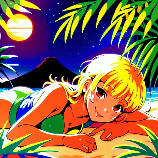 up close innocent laying down beach girl smiling, planar vector, character design, japan style artwork, on a shamanic vision quest, with beautiful nocturnal sun and lush Amazon jungle in the background, clean white background, professional vector, full shot, 8K resolution, deep impression illustration, sticker type, vibrant color, colorful background, 2D