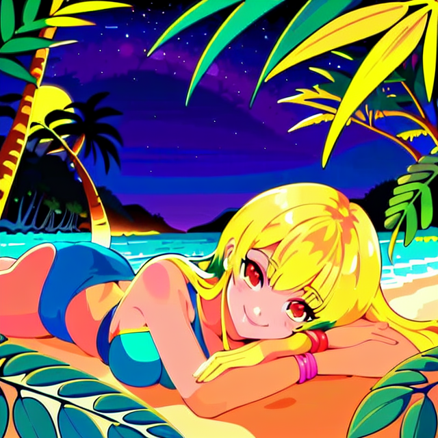 up close innocent laying down beach girl smiling yellow hair, planar vector, character design, japan style artwork, on a shamanic vision quest, with beautiful nocturnal sun and lush Amazon jungle in the background, clean white background, professional vector, full shot, 8K resolution, deep impression illustration, sticker type, vibrant color, colorful background, 2D