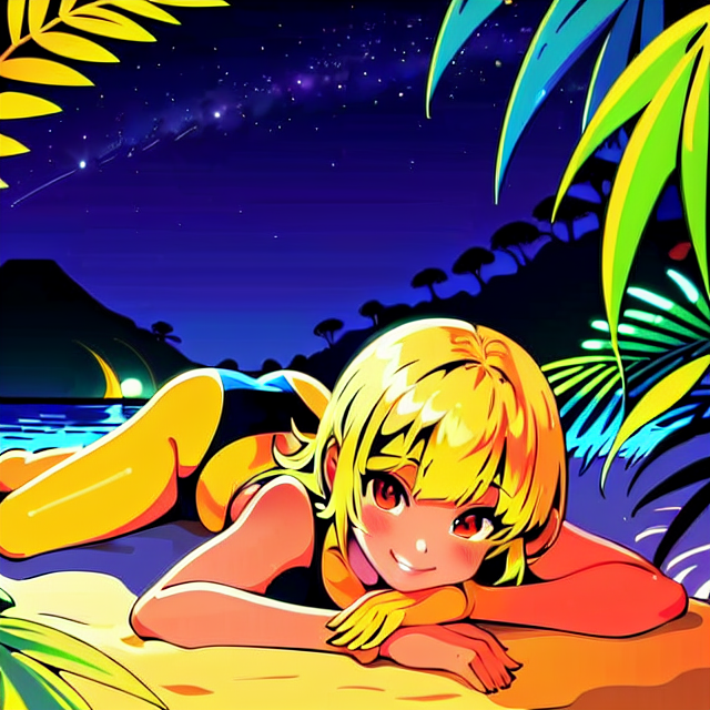 up close innocent laying down beach girl smiling yellow hair, planar vector, character design, japan style artwork, on a shamanic vision quest, with beautiful nocturnal sun and lush Amazon jungle in the background, clean white background, professional vector, full shot, 8K resolution, deep impression illustration, sticker type, vibrant color, colorful background, 2D