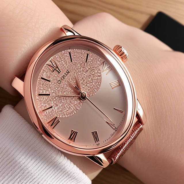 Oval shaped Rose gold case with day and date display in rose gold dial analog women watch with oval shaped metal strap surrounded by red crystals