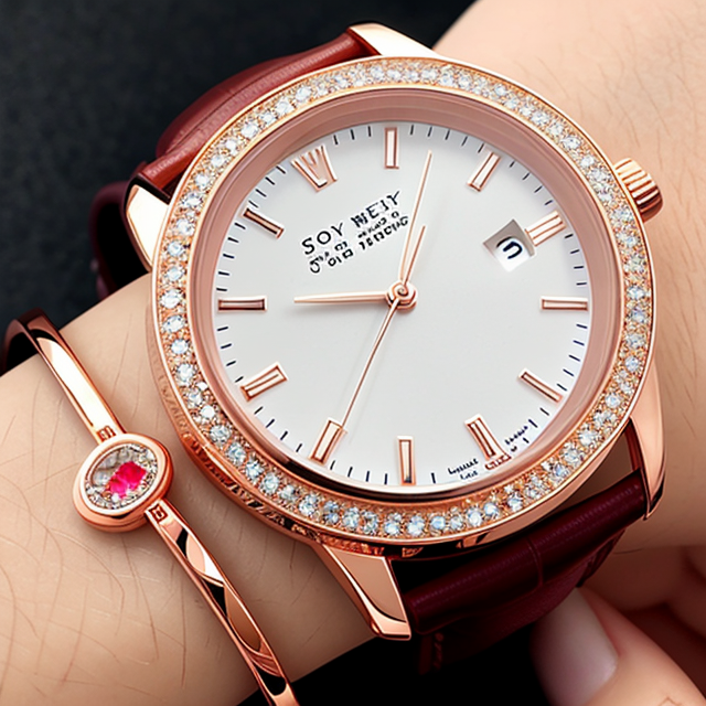 Oval shaped Rose gold case with day and date display in rose gold dial analog women watch with oval shaped metal strap surrounded by red crystals