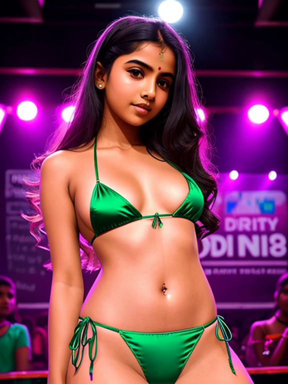 north indian skinny young school girl wearing satin micro bikini dancing at local dirty dance bar on stage with uncle