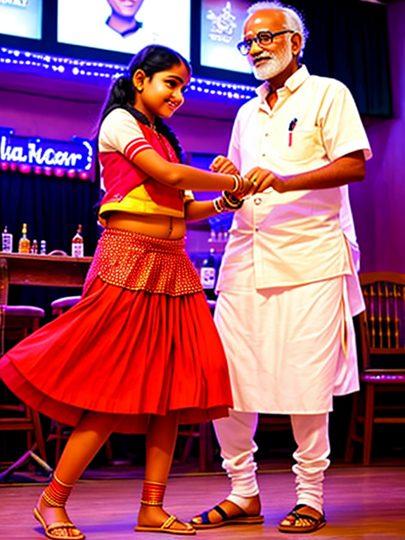  indian young school girl wearing Pavada Davani dancing at local bar's stage with oldman