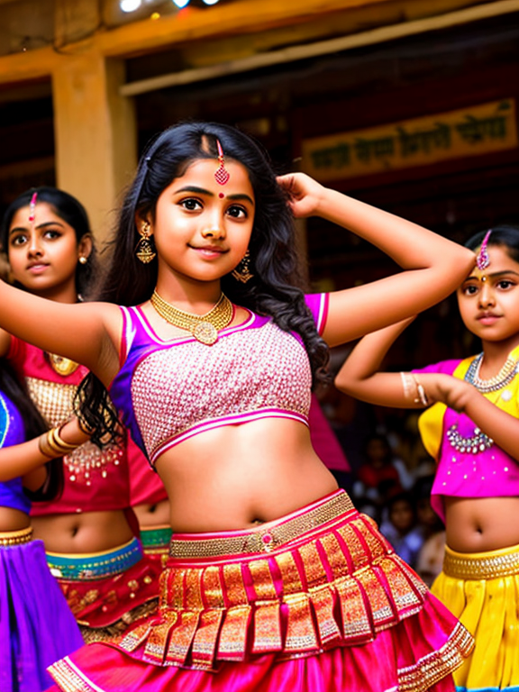  indian young school girl wearing Pavada Davani dancing at local bar's stage with group  of oldman