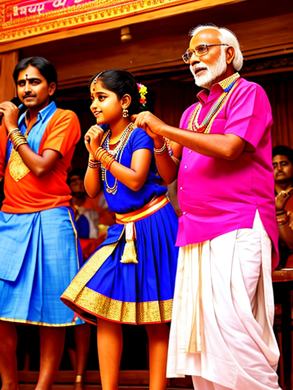  indian young school girl wearing Pavada Davani dancing at local bar's stage with 4 old man