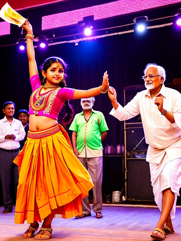  indian young school girl wearing Pavada Davani dancing at local bar's stage with 4 old man throwing money on her