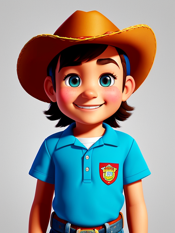 a kide with a nice smile, chips, color, pixar, character, detals,  gringo mexican with cowboy hit, character style advertasing, white background  
