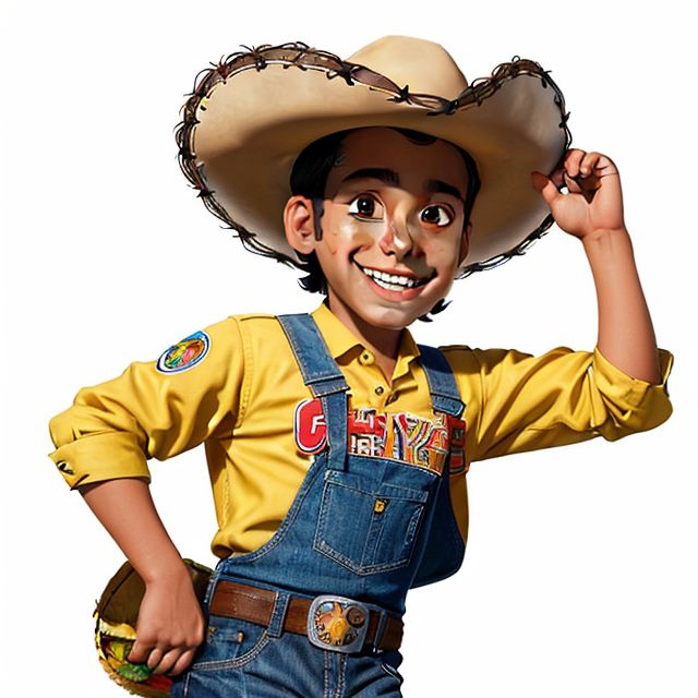 a kide with a nice smile, chips, color, pixar, character, detals,  gringo mexican with cowboy hit, character style advertasing, white background  